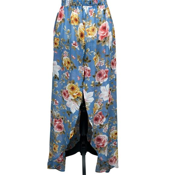 Venus Women's Maxi Cover Up Tunic Top XL Blue Floral Halter Smocked High Slit - Picture 3 of 11